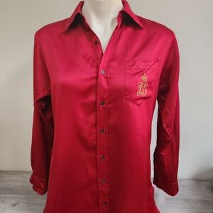 Lauren Ralph Lauren Red Sleepwear Shirt Dress S Silky Roll Up Sleeve Embroidered